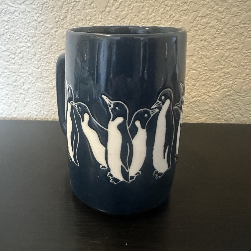 Vintage Penguin Stonewear Blue white Mug embossed engraved coffee tea